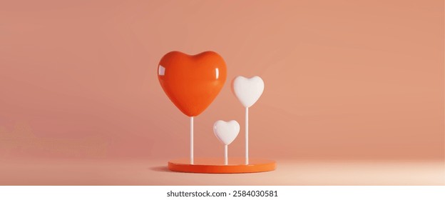 Love shaped candy balloons on round red podium - large heart with small white decorative elements on sticks. Minimal romantic composition on light background for Valentine day festive showcase design.