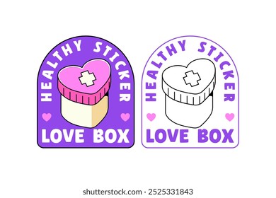 love shaped medicine bottle, medicine container colorful doodle badge logo vector illustration design set for medical, pharmaceutical and healthcare