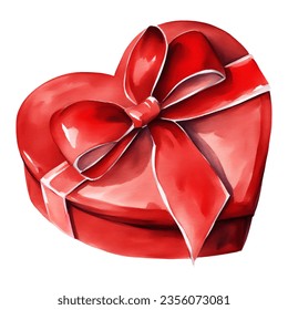 Love Shaped Prize Box or Red Gift Box Isolated Hand Drawn Watercolor Painting Illustration