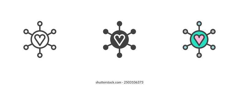 Amor compartir conjunto de iconos de estilo diferente. Línea, glifo y contorno relleno versión colorida, contorno y signo de Vector relleno. Símbolo del corazón conectado, ilustración del logotipo. Gráficos de Vector
