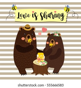 Love is Sharing quote with cute couple Bears eating honey near tree stump on a date while bees flying around cartoon character on striped background.