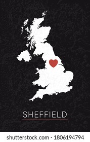 Love Sheffield Picture. Map of United Kingdom with Heart as City Point. Vector Stock Illustration