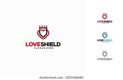 Diseños del logotipo del Escudo Amor vectorial, símbolo del amor y del escudo plantilla de icono
