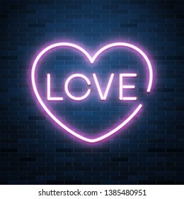 Love shiny neon text composition in heart shape, vector illustration