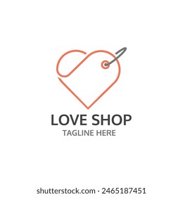 Love shop logo concept in outline style. Heart and price tag vector illustration