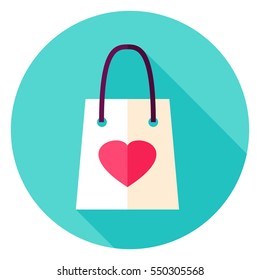 Love Shopping Bag Circle Icon. Flat Design Vector Illustration with Long Shadow. Happy Valentine Day Symbol.