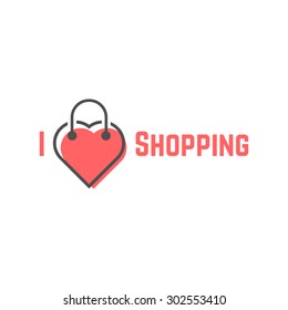 i love shopping with bag like heart. concept of e-commerce, merchandise, offer, promotion, commercial, sell-out. isolated on white background. flat style trend modern brand design vector illustration