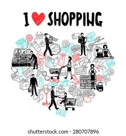 I love shopping concept with fish dairy meat bakery fruits vegetables ice cream shopping cart basket vector illustration