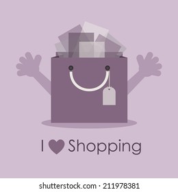 I love shopping, cute smiley gift bag with open hands - abstract gift bag, transparent tissue papers, heart shape, and empty gift tag