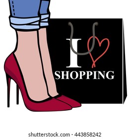 i love shopping fashion illustration: women foot in red shoes and shoping paper black bag with text  i love shopping