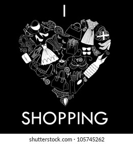 I love Shopping! A heart shape made of of different female fashion accessories.