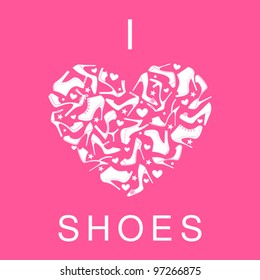 I Love Shopping icon, the heart is made of different female fashion accessories. Raster version also available.