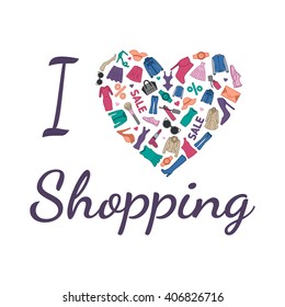 I love Shopping illustration. Heart is composed of fashionable clothes, shoes and accessories