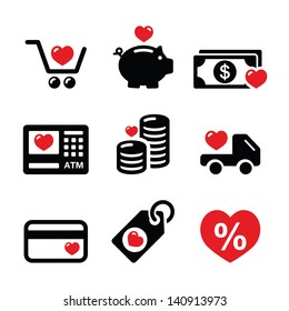 I love shopping, I love money vector icons