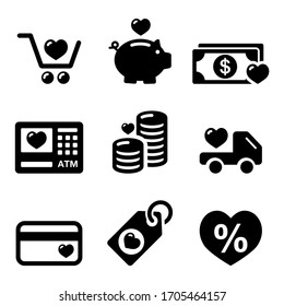 I love shopping, I love spending money vector icons set - retail, merchandise design, shopping, money black icons set with hearts isolated on white
