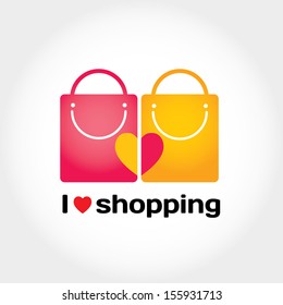 I love shopping vector sign with typography, two shopping bags and heart