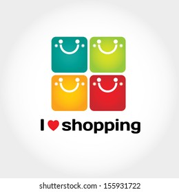 I love shopping vector sign with typography and four shopping bags like smiley face