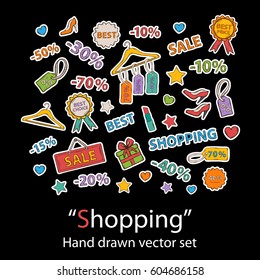 I love shopping.Scrapbook.Fashion patch badges collection.Vector Shopping hand draw set on a  background.Pins,stickers, patches in doddle style.Trend.Vector illustration isolated.Vector clip art.sale
