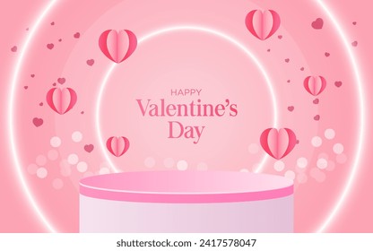 Love Showcase Podium Heart Balloons, Confetti, and Gradient Design. Pink Bokeh Lights with Striking Vertical Stripes. A Captivating Background for Valentine's Product Display