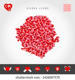 I Love Sierra Leone. Red and Pink Hearts Pattern Vector Map of Sierra Leone Isolated on Grey Background. Love Icon Set.