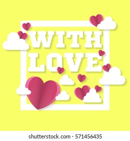 With love sign with hearts and clouds in square. Valentine's day. Vector illustration.