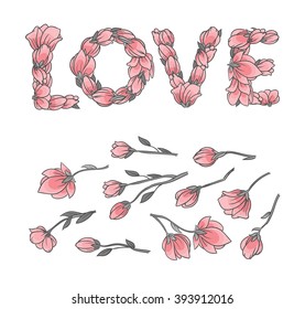 LOVE sign or lettering made with sakura flowers and leaves - floral alphabet letters set, vector design