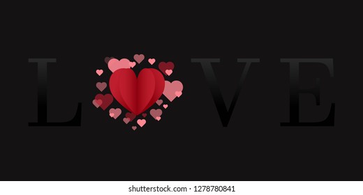Love Sign with Red Hearts and "Love" word on Dark Background for Valentine's Greeting.
