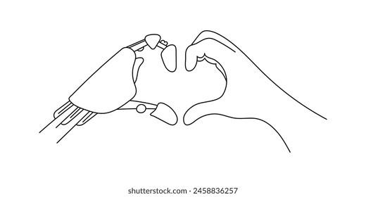 Love sign: robot and human sketch, outline illustration of robot and human lovers, robot and human love gesture. The concept of interaction