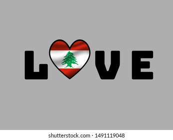 Love sign text with heart and inside National flag of Lebanese Republic. original colors and proportion. Simply vector illustration, from countries flag set.