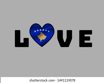 Love sign text with heart and inside National flag of Republic of Kosovo . original colors and proportion. Simply vector illustration, from countries flag set.