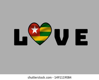 Love sign text with heart and inside Beautiful national flag of Togolese Republic, original colors and proportion. Simply vector illustration eps10, from countries flag set.