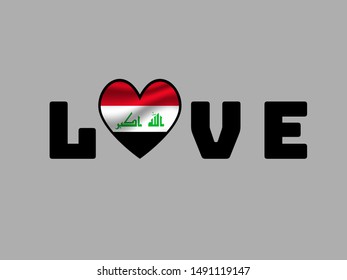 Love sign text with heart and inside National flag of Republic of Iraq . original colors and proportion. Simply vector illustration, from countries flag set.