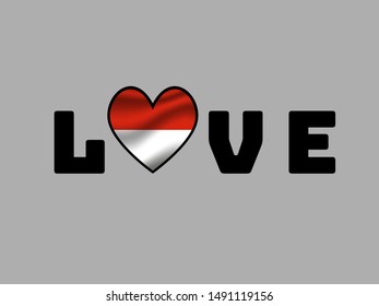 Love sign text with heart and inside National flag of Republic of Indonesia. original colors and proportion. Simply vector illustration, from countries flag set.