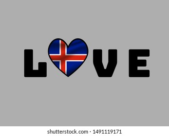 Love sign text with heart and inside National flag of Iceland . original colors and proportion. Simply vector illustration, from countries flag set.