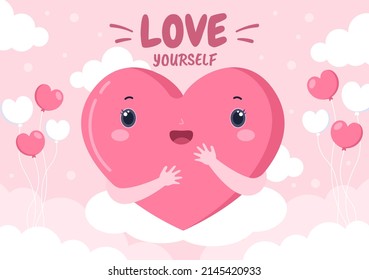 Love Sign Vector Cartoon Background Illustration to Self Care, Valentines or Yourself Icon in Different Actions of Happiness for Poster