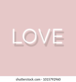 Love sign, word, lettering in neon tube style, glowing on the dusty pink background