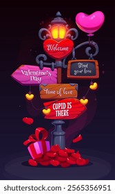 Love signage, cartoon Valentine day holiday wooden sign board, adorned with romantic messages, red rose flower petals, pink heart shaped balloon and and vintage light lantern, symbolizing romance