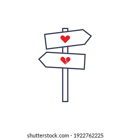 Love Signpost, find love or break heart direction. pointer icon, road sign, directional guidepost icon. Stock Vector illustration isolated