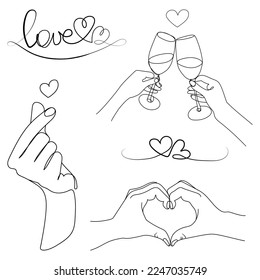 Love signs symbols collection with heart shaped hands,glasses of wine,lettering,korean love sign simple linear style.Vector design Elements set for valentine's day,print,emblem,tattoo,romantic concept