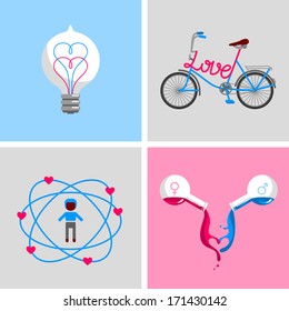 Love signs and symbols. Electric light bulb with heart shape filament. Male and female icon on chemical flasks. Valentine's day ideas.