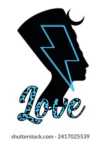 Love. Silhouette of a bust of an Egyptian pharaoh named Nefertiti next to a light blue thunderbolt  symbol. Glam rock. 