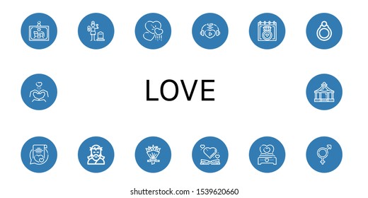 love simple icons set. Contains such icons as Wedding photo, Widow, Hearts, Love, Wedding date, Ring, Vows, Jesus, Flower bouquet, Heart, can be used for web, mobile and logo
