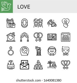 love simple icons set. Contains such icons as Dove, Wedding gift, Ring, Brides, Diamond, Heart, Wedding arch, Bisexual, Scrapbook, Wedding date, can be used for web, mobile and logo