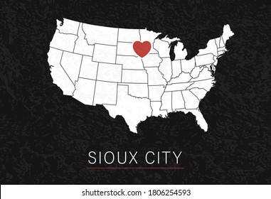 Love Sioux City Picture. Map of United States with Heart as City Point. Vector Stock Illustration