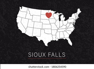 Love Sioux Falls Picture. Map of United States with Heart as City Point. Vector Stock Illustration