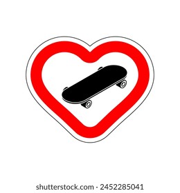 I love Skateboarding. I like to skateboard. Red road sign in shape of heart. Symbol of love on road
