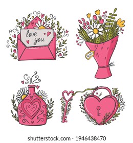 Love  Sketchy Doodles Design Elements on Lined Sketchbook Paper Background- Vector Illustration