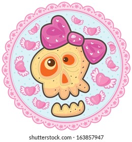 Love skull with pink bow on a blue background with lace pink border. Around the skull flying pink hearts with wings.