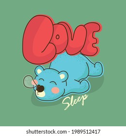 Love Sleeping bear and baby animal characters. Cute cartoon doodle green  background pattern set. Hand drawn textile surface design vector illustration.