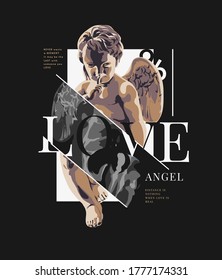 love slogan with antique statue illustration on black background